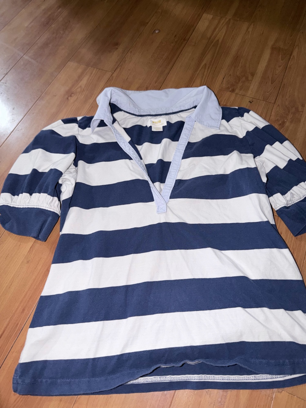 Maeve Navy and White Striped Short Sleeve Polo Tee